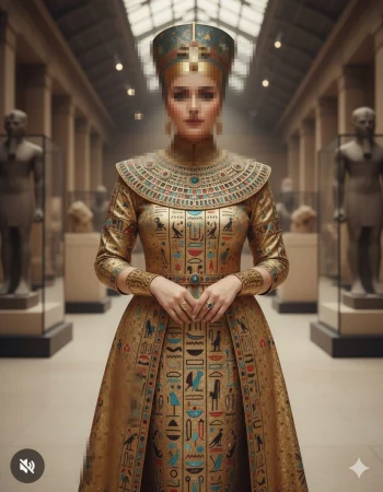 Ancient Egyptian queen in golden hieroglyphic dress inside grand museum hall