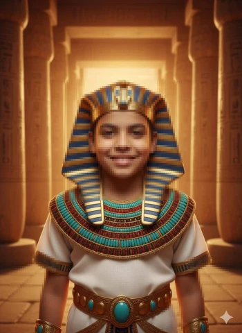Ancient Pharaoh-Style Portrait of a Young Boy in an Egyptian Temple Setting