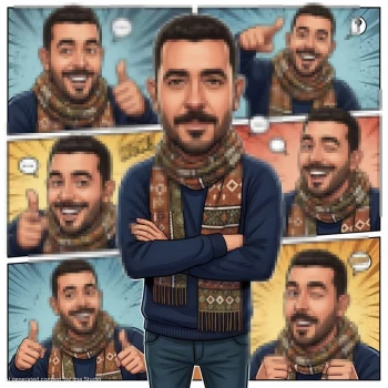Animated Comic Portrait with Fun Expressions and Colorful Illustrated Panels