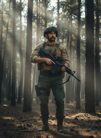 Armed Tactical Soldier Standing in Misty Forest Training Scene