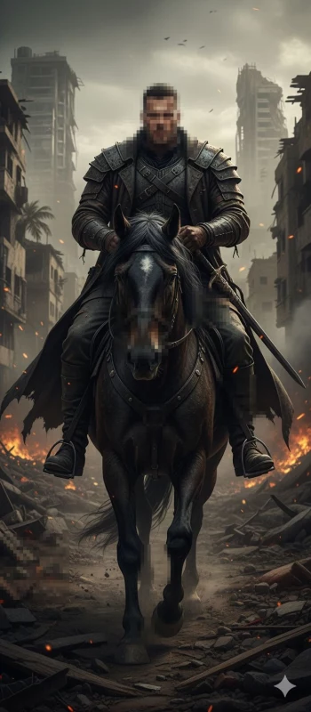 Armored Warrior Riding Through a Destroyed City After a Fierce Battle