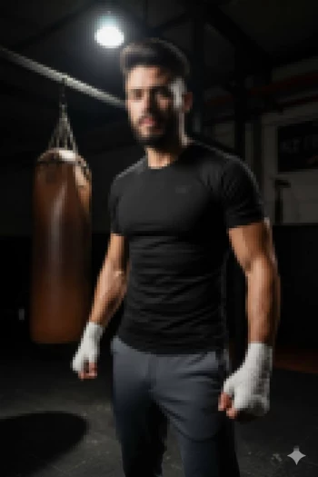 Athletic man in a boxing gym wearing black sportswear with wrapped hands