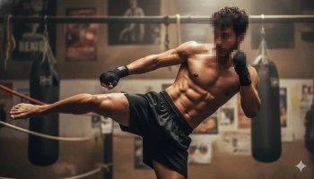 Athletic Man Practicing Kickboxing Training in a Gritty Gym Environment