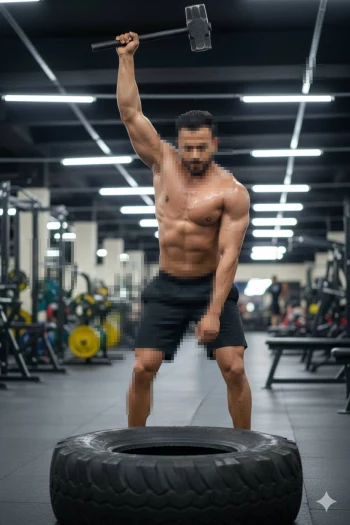 Athletic man training with sledgehammer and tire workout in modern gym