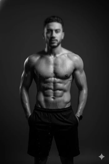 Athletic man with wet body posing in black and white fitness studio shot