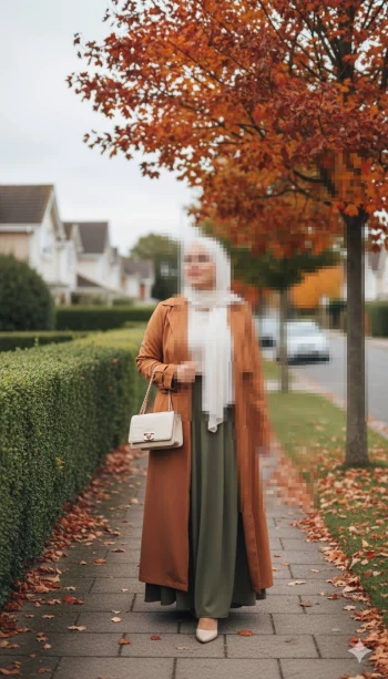 Autumn street portrait of a woman in a rust coat and cream hijab walking calmly