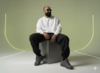 Bearded man in white sweatshirt and black joggers on cube with neon studio backdrop