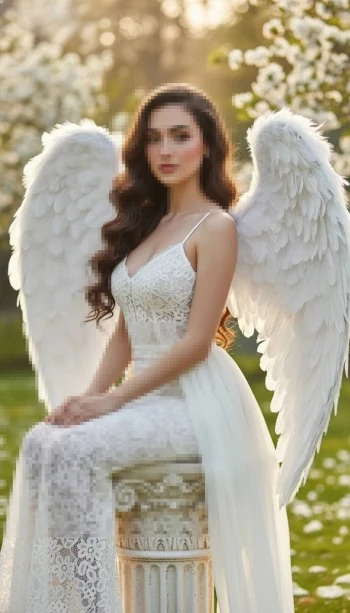 Beautiful angel woman in white lace dress with wings in a blooming garden