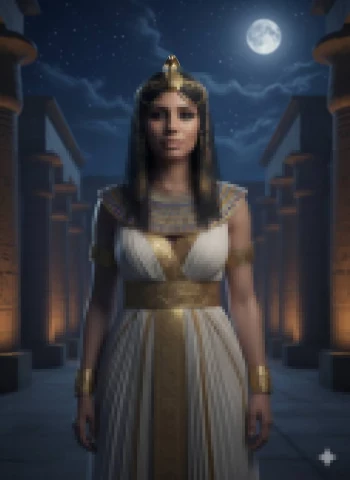 Beautiful Woman Dressed as Ancient Egyptian Queen Under the Moonlight