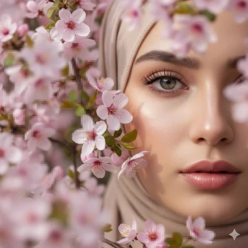 Beautiful woman in beige hijab surrounded by blooming pink cherry blossoms