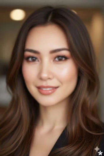 Beautiful woman with long brown hair smiling in natural soft light portrait