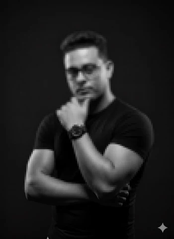 Black and white portrait of confident man wearing glasses and black t shirt
