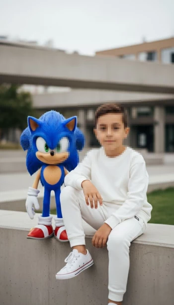 Boy in White Outfit Sitting Beside Sonic the Hedgehog in Urban Setting