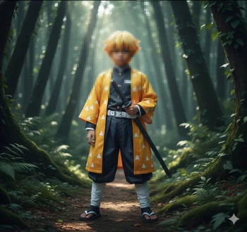 Boy in yellow anime swordsman costume standing in a misty forest path