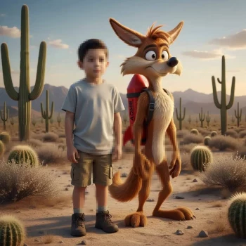 Boy Standing with Cartoon Coyote Character in Desert Landscape at Sunset