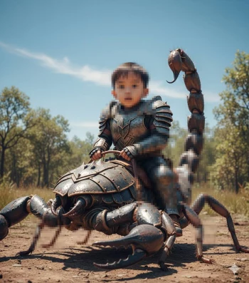 Brave child in metallic armor riding a giant scorpion in a fantasy landscape