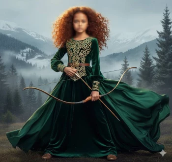 Brave girl in green medieval dress holding bow in misty mountain forest
