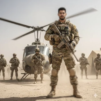 Brave Soldier Standing in Desert Battlefield with Helicopter and Team Behind