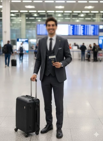 Business traveler in grey suit holding passport and suitcase at airport terminal