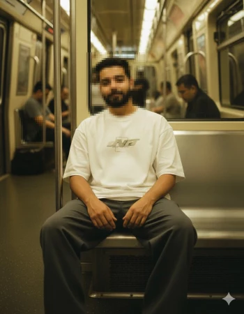 Calm man sitting confidently in a subway train wearing white t shirt and gray pants