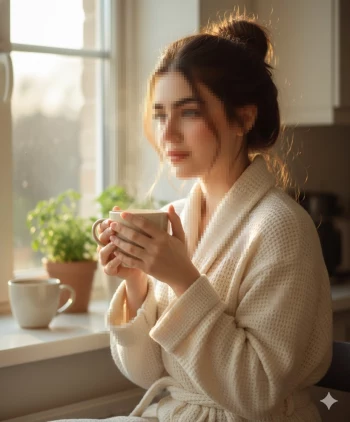 Calm woman in cozy robe enjoying morning coffee by a sunlit window
