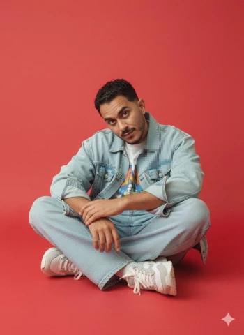 Casual man in light blue denim outfit sitting confidently against red background