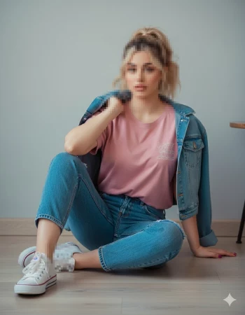 Casual Woman in Pink T Shirt and Denim Jacket Sitting on Wooden Floor