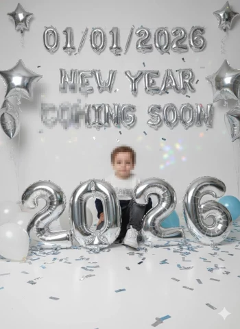 Child Celebrates New Year 2026 with Silver Balloons and Festive Studio Decor