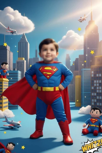 Child Dressed as Superman with Red Cape Standing Proudly in City Skyline Scene