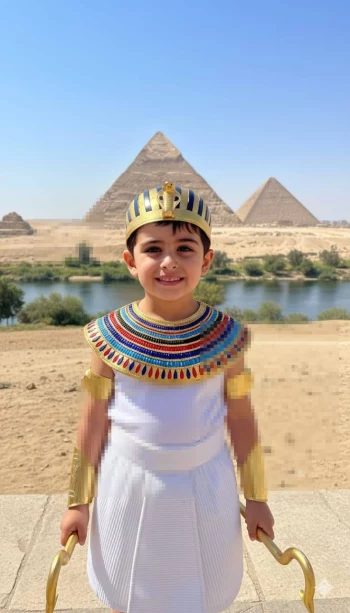 Child in Egyptian Pharaoh Costume Smiling in Front of the Pyramids of Giza