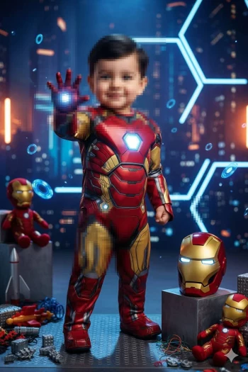 Child in Iron Man Suit with Glowing Arc Reactor and Repulsor in Futuristic City Scene