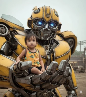 Child sitting on giant yellow robot hand with glowing blue eyes