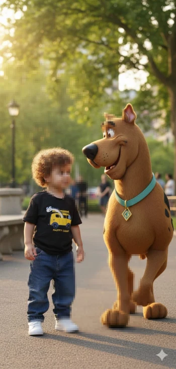 Child Walking with Scooby-Doo in a Sunlit Park Scene