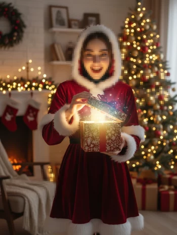 Christmas Magic Moment as Woman Opens a Glowing Festive Gift Box