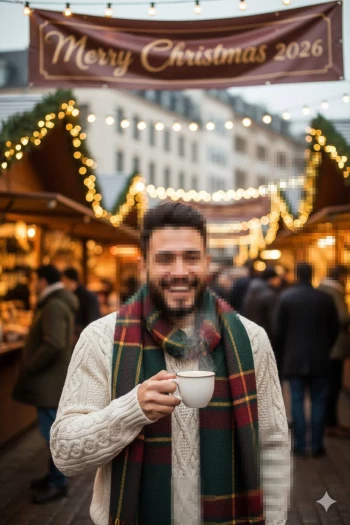 Christmas Market Joy with Man Holding a Warm Drink Under Festive Lights