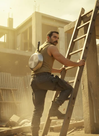 Cinematic Action Hero Climbing Ladder in Dusty Construction Site