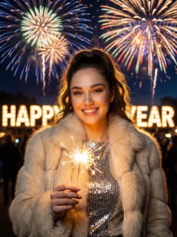 Cinematic New Year Night Portrait with Fireworks and Sparkler Celebration