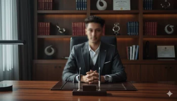 Confident Businessman Sitting at Office Desk in Elegant Professional Setting