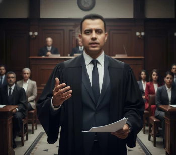 Confident lawyer presenting case in courtroom before judge and jury