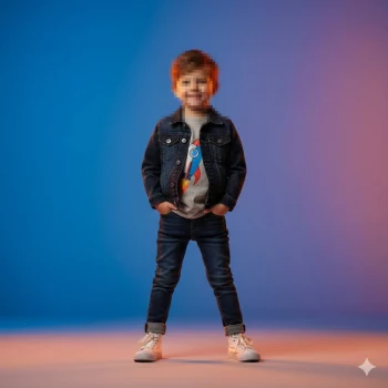 Confident Little Boy in Denim Jacket Smiling in Colorful Studio Background