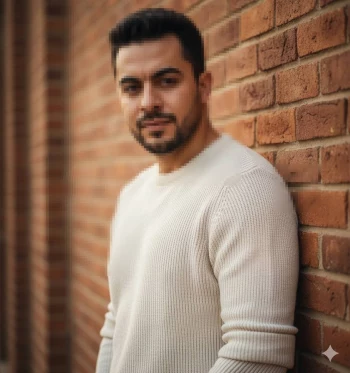 Confident Man in Beige Sweater Leaning Against a Brick Wall