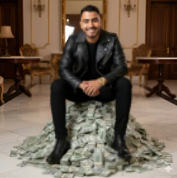 Confident man in black leather jacket sitting on pile of money in luxury room