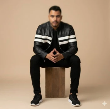 Confident man in black leather jacket sitting on wooden stool in beige studio