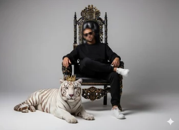 Confident man in black outfit sitting on golden throne beside crowned white tiger