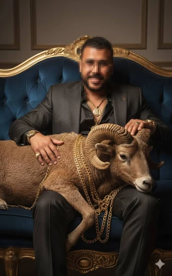 Confident Man in Black Suit Sitting with Ram Covered in Gold Chains