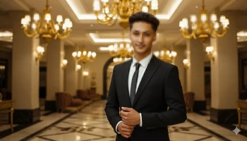 Confident man in black suit standing in elegant hotel lobby with chandeliers