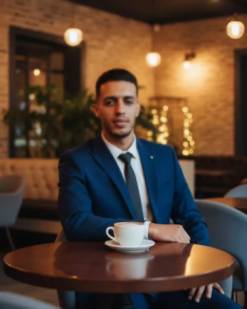 Confident man in blue suit sitting at café table with cup of coffee
