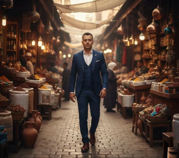 Confident man in blue suit walking through a traditional spice market