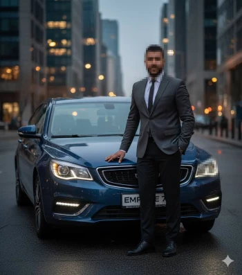 Confident Man in Suit Standing Beside Blue Car on City Street at Dusk