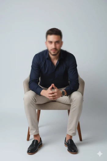 Confident man sitting on chair in minimalist studio wearing navy shirt